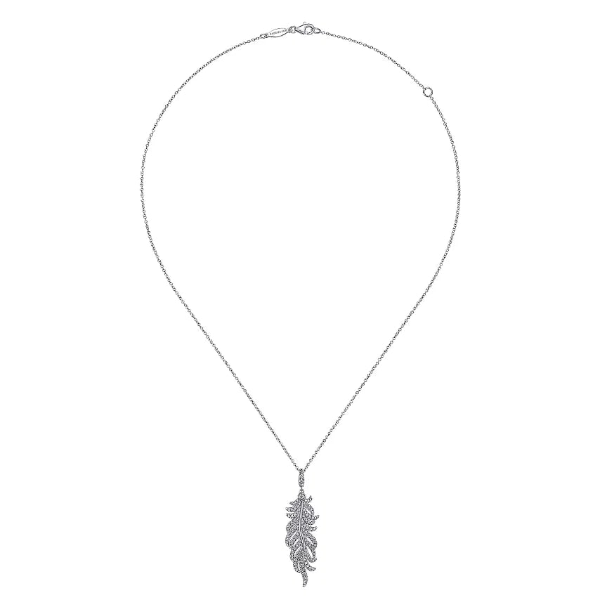 14K White Gold .69cttw Diamond Pave Feather Pendant Necklace 17"