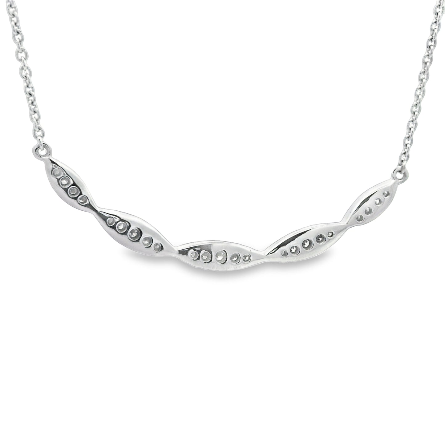 14k White Gold .25cttw Diamond Twisted Curved Bar Necklace16"