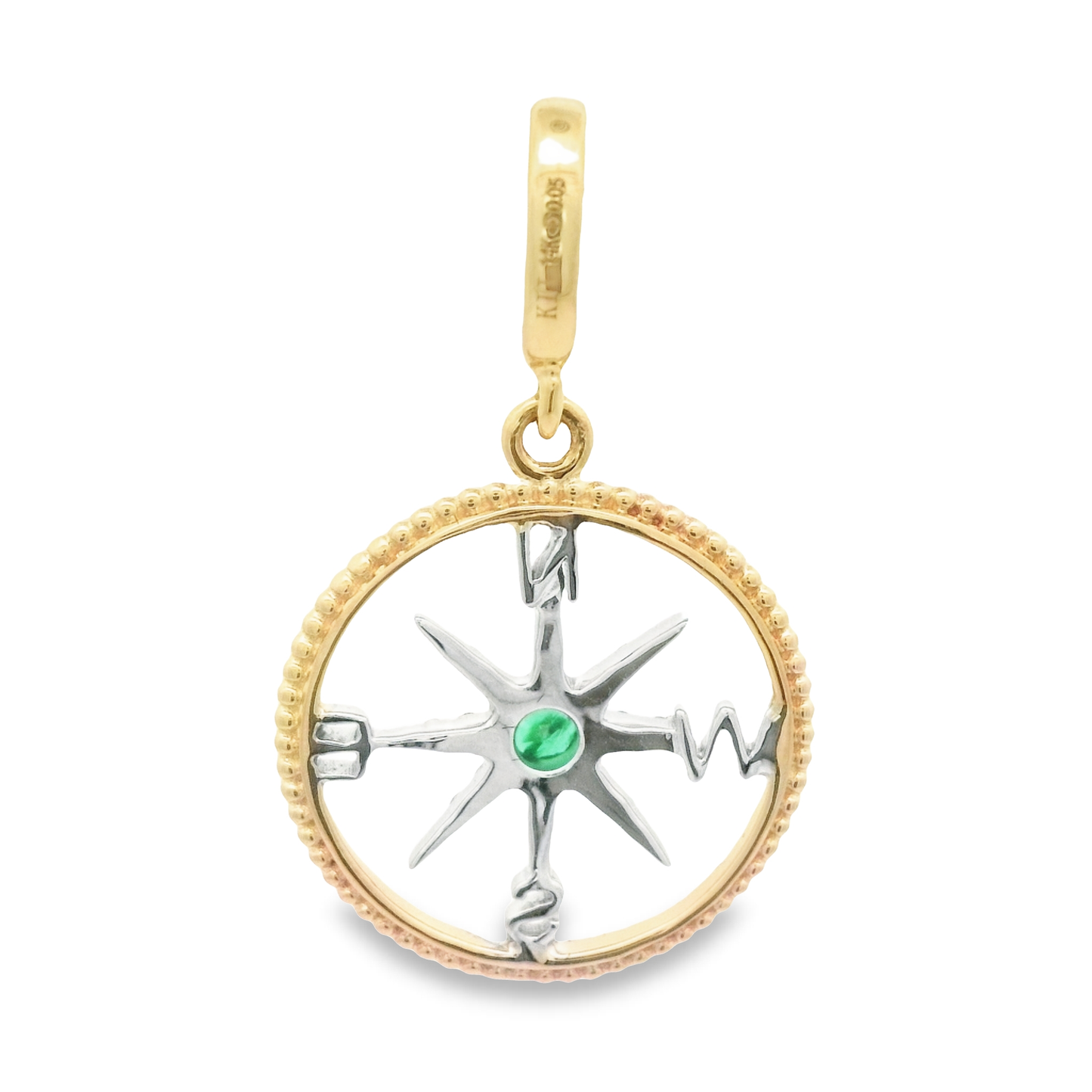 14k 2-Tone Gold .05cttw Diamond And .06ct Emerald Small Compass Rose Pendant