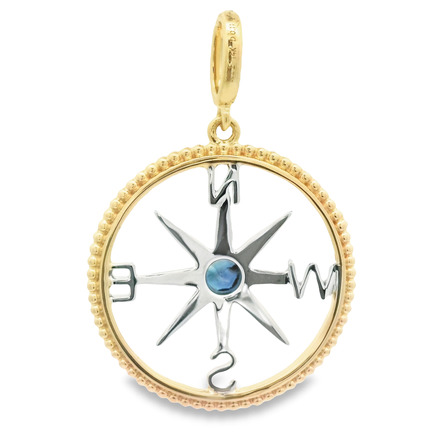 14k 2-Tone .11cttw Diamond And .19ct Sapphire Medium Compass Rose Pendant
