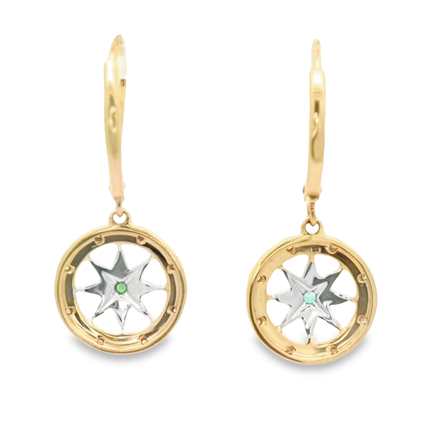 14k 2-Tone .06cttw Diamonds With .02cttw Emerald Compass Rose Lever Back Earrings