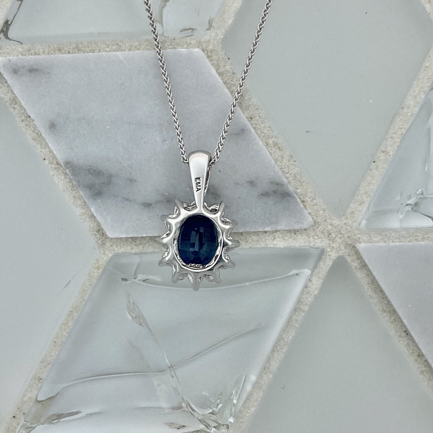 14k White Gold Oval Sapphire 1.28ct with Diamond Halo .34cttw Necklace - DePaulas