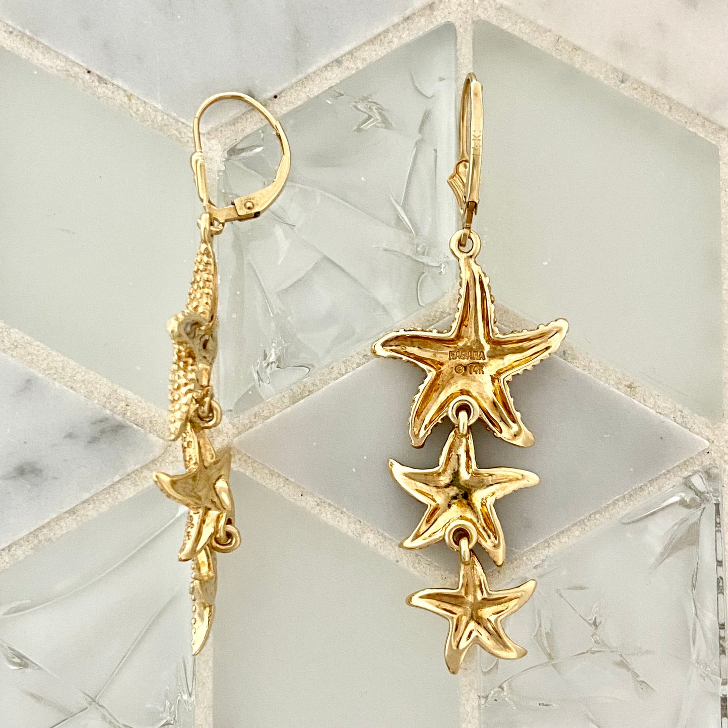14k Yellow Gold Long Multiple Starfish Lever Back Earrings