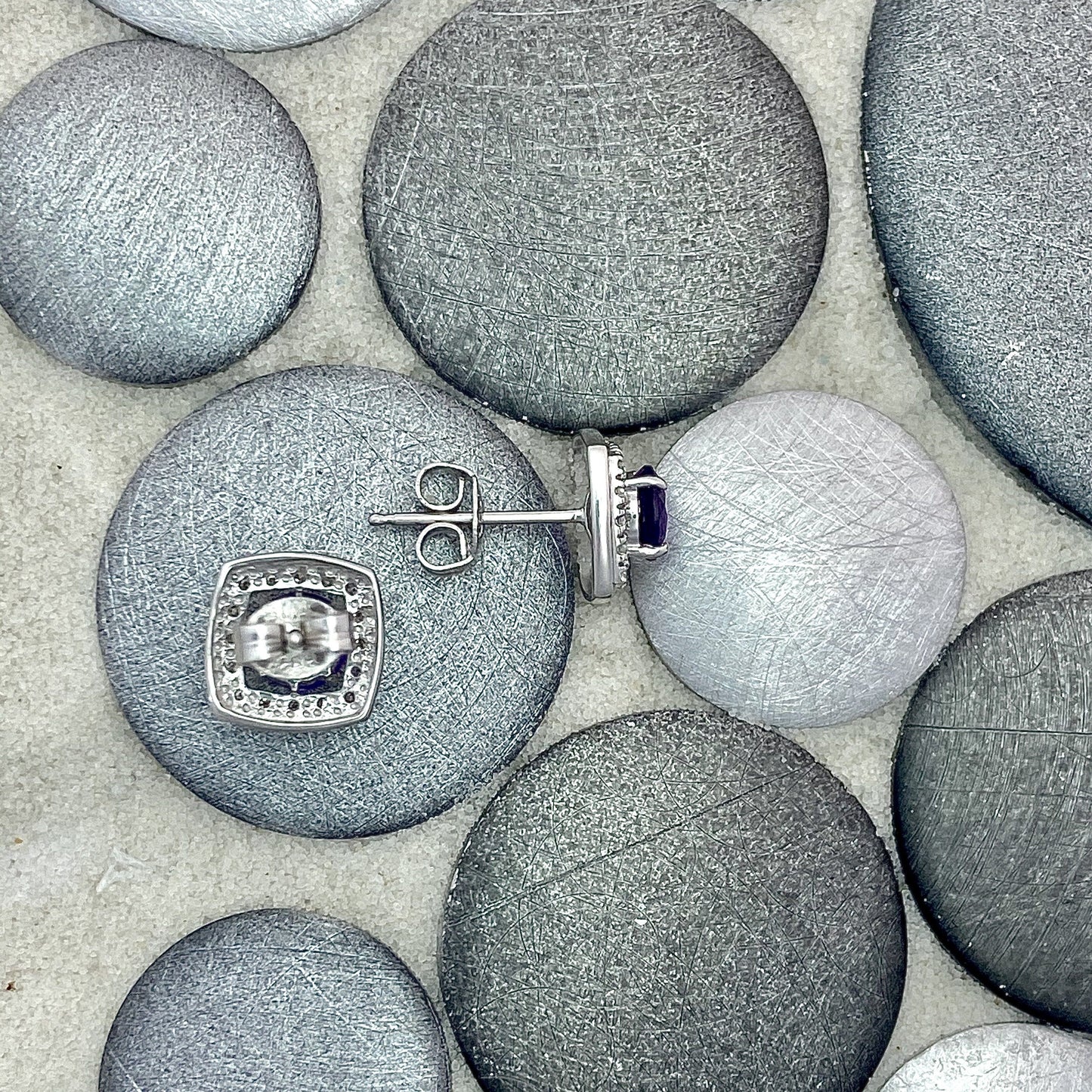14k White Gold Amethyst .91cttw with Diamond Halo .13cttw Post Earrings - DePaulas