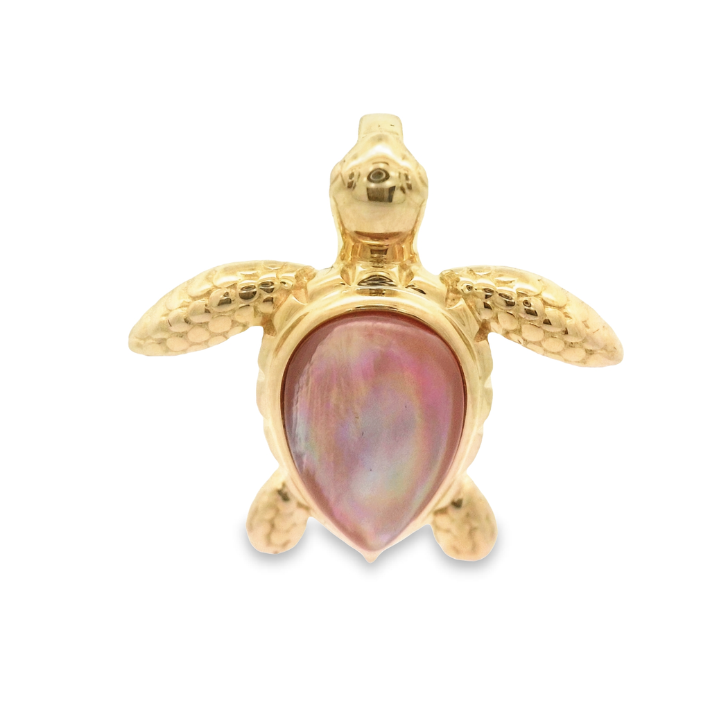 14k Yellow Gold Pink Mother Of Pearl Turtle Pendant