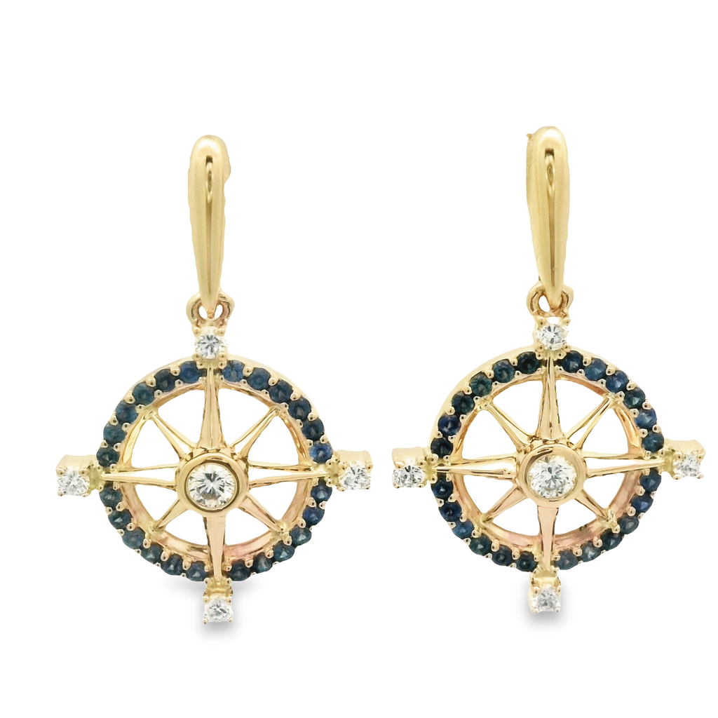 14k Yellow Gold .28cttw Diamond And .45cttw Sapphire Compass Rose Post Earrings