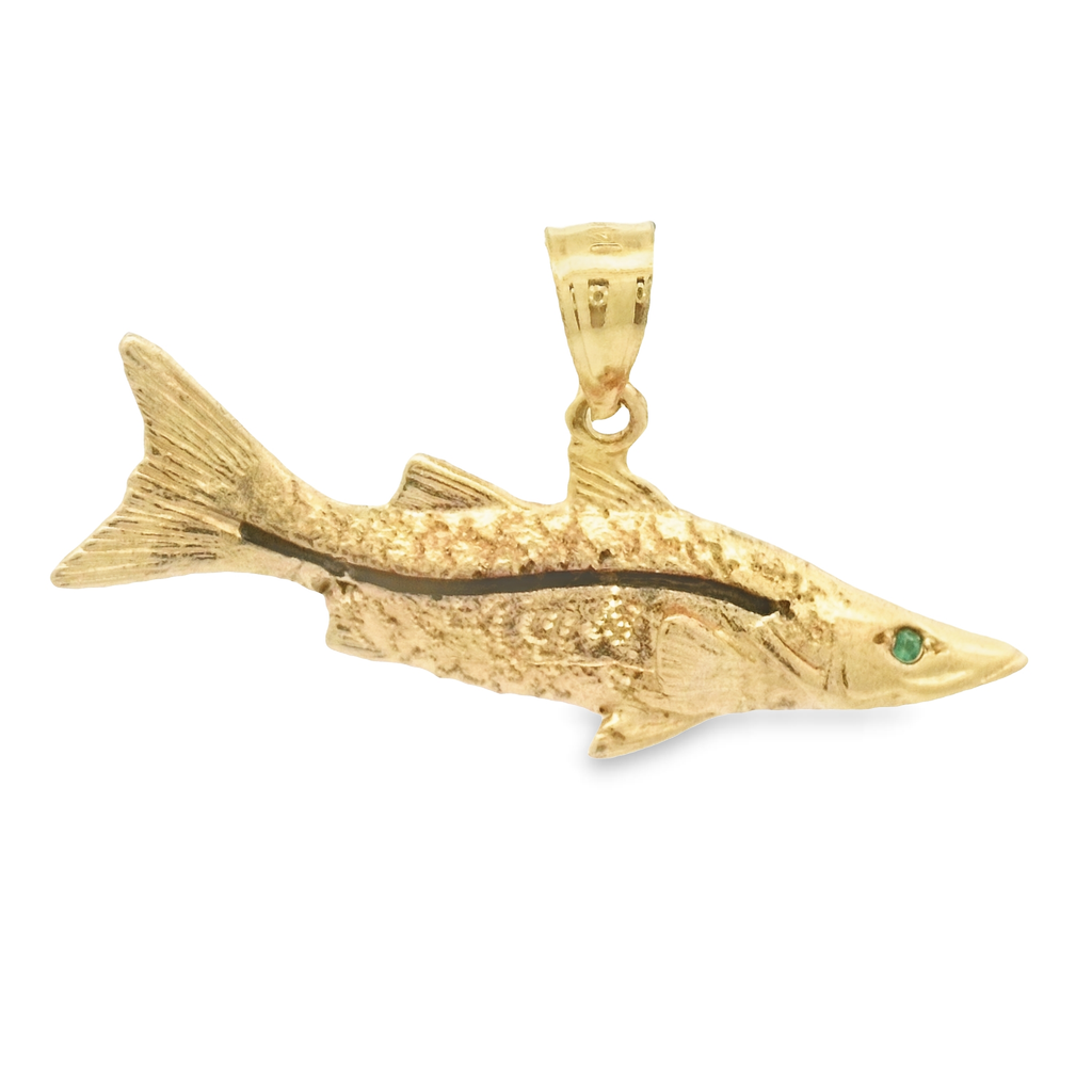 14k Yellow Gold 3D Double Sided Enamel Snook With Emerald Eyes Pendant