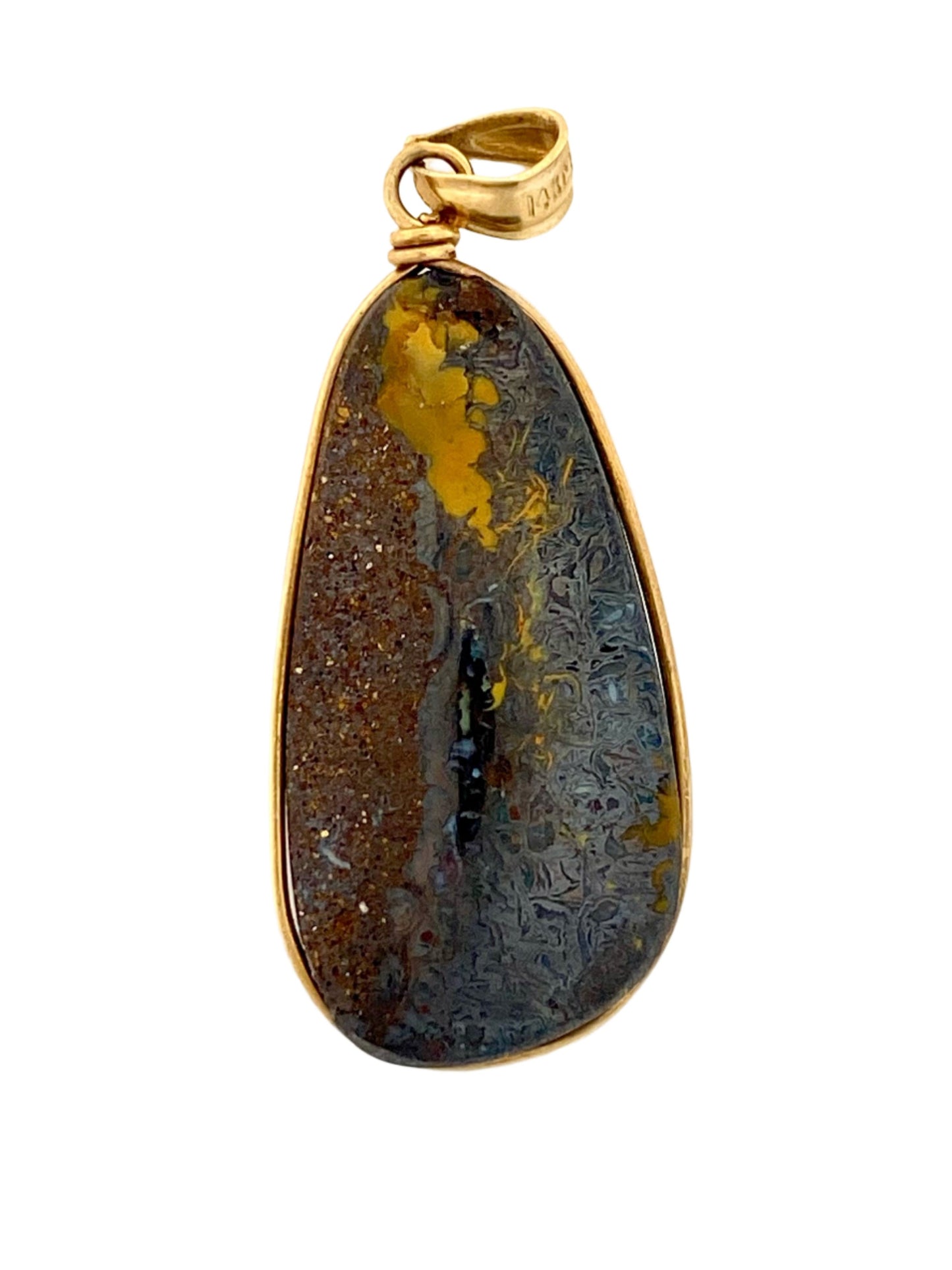 14k gold handmade custom bezel boulder opal pendant