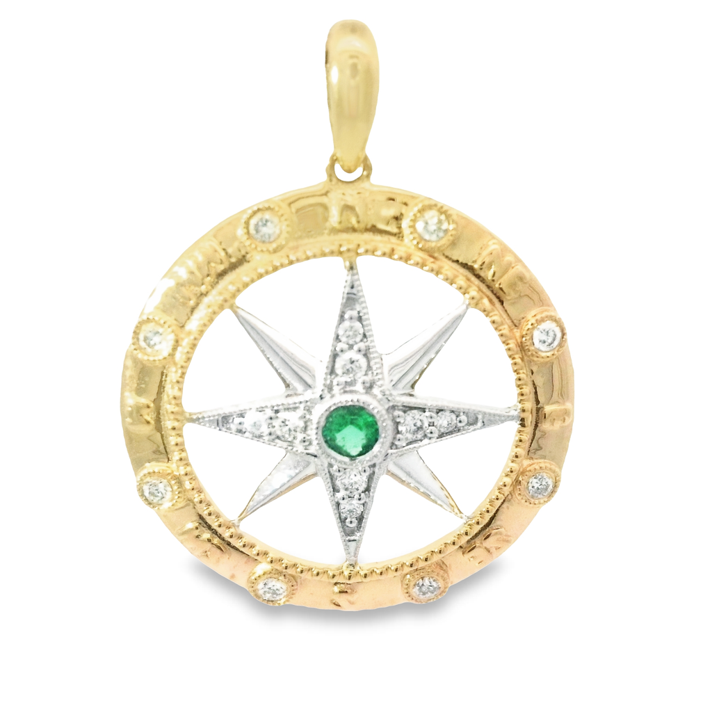 14k 2-Tone Diamond . 13ctct With Emerald .04ct Compass Rose Pendant