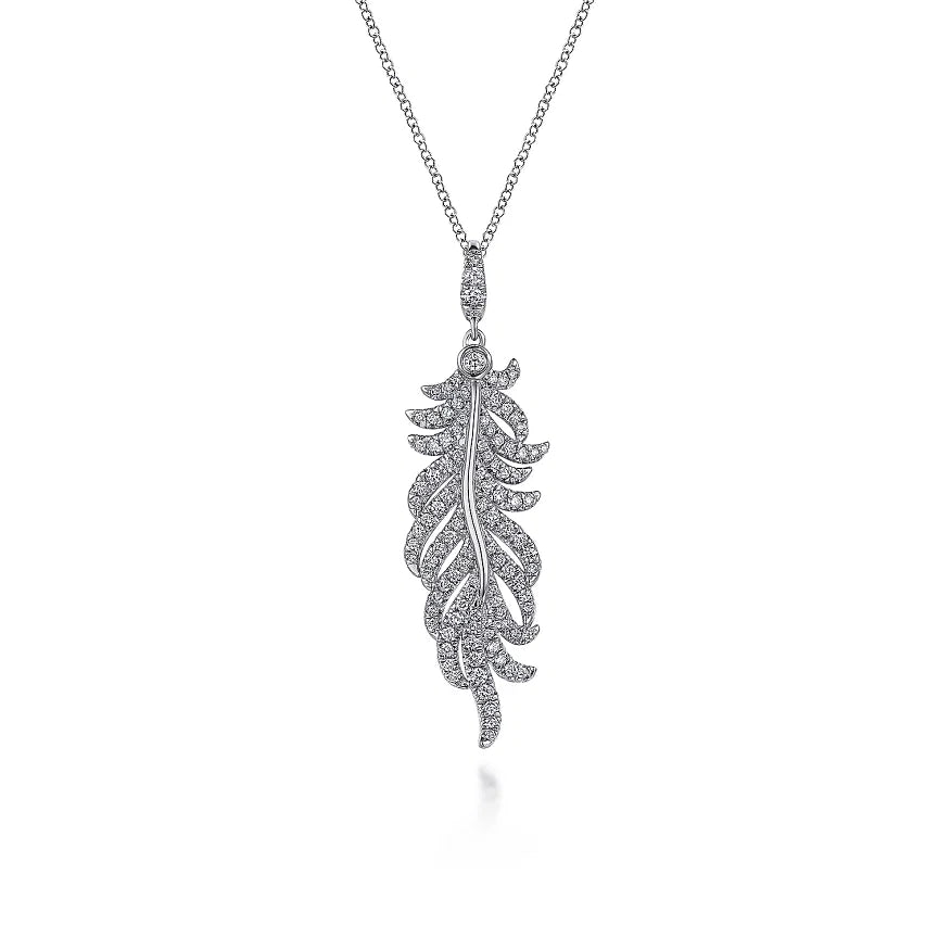 14K White Gold .69cttw Diamond Pave Feather Pendant Necklace 17"