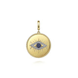 14K Yellow Gold Diamond .13cttw Sapphire .08cttw Evil Eye Medallion Pendant