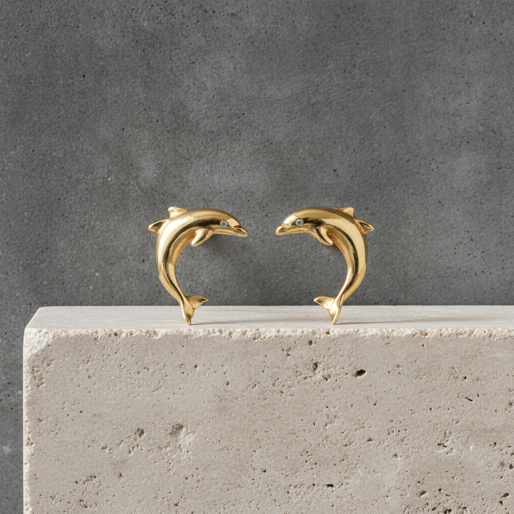 14k Yellow Gold Dolphin with Diamond Eyes .02cttw Post Earrings
