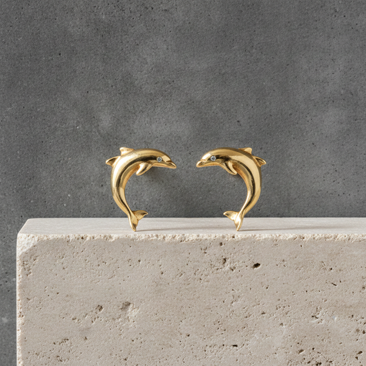 14k Yellow Gold Dolphin with Diamond Eyes .02cttw Post Earrings