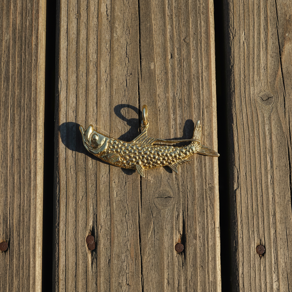14k Gold Large Tarpon Pendant - Top Down Dock Lifestyle
