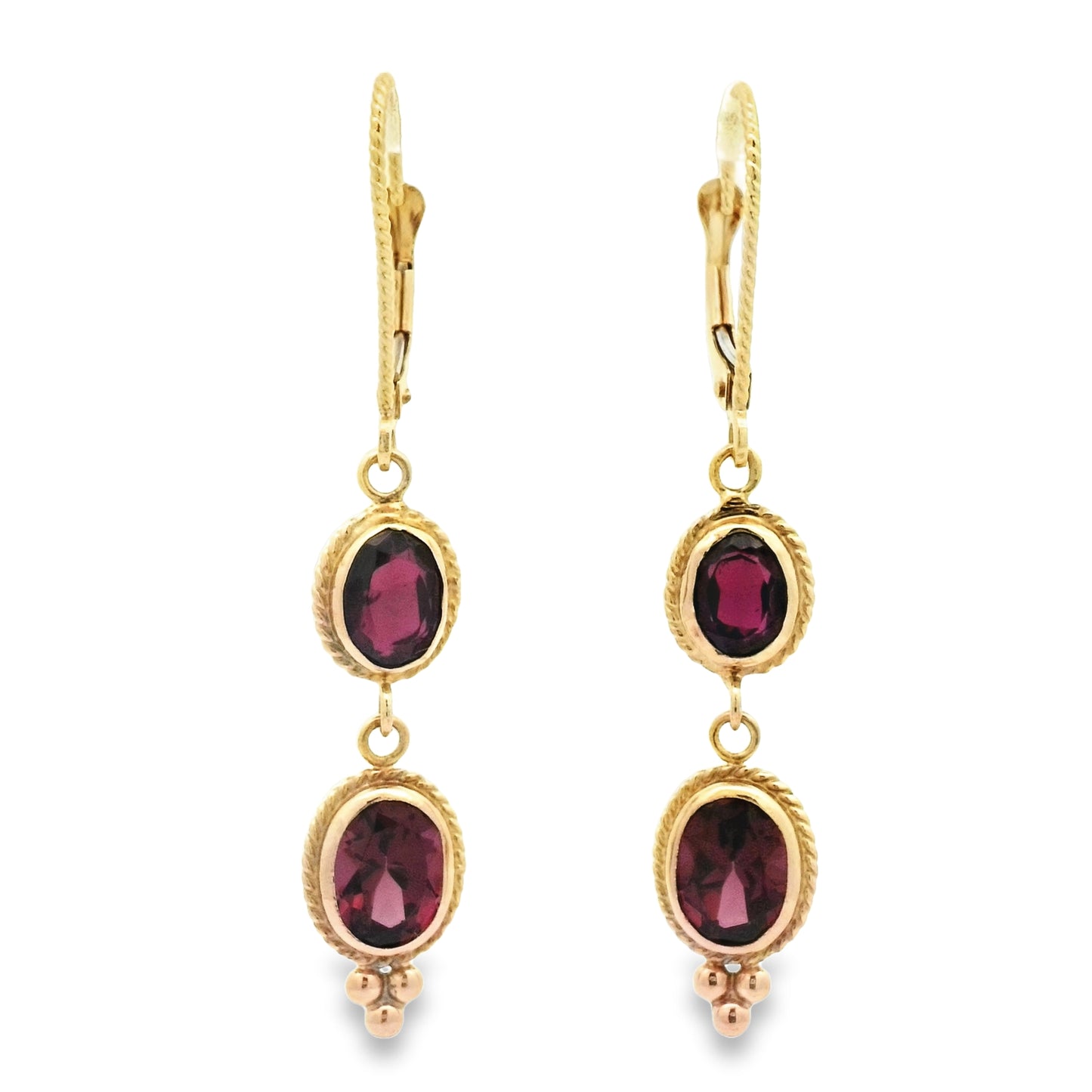 14K Yellow Gold Garnet Dangle Lever Back Earrings