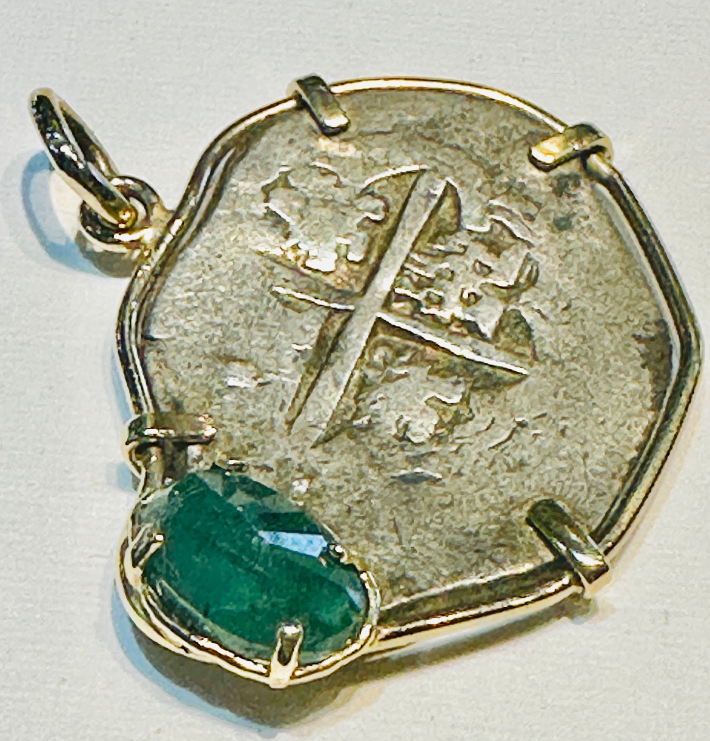 Spanish Old World 2 Reales Treasure Coin with Emerald 14k Gold Bezel 69460