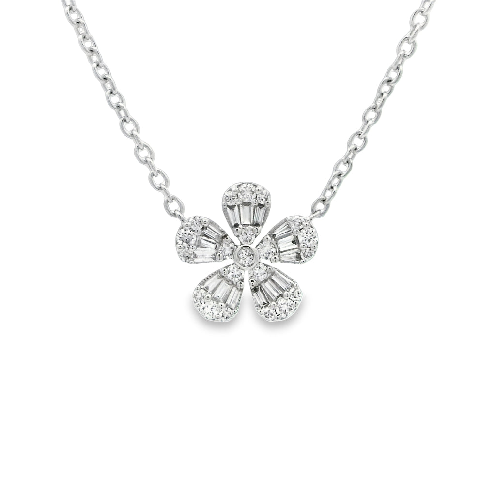 14k White Gold .26cttw Diamond Flower Adjustable Necklace 16"-17"-18"