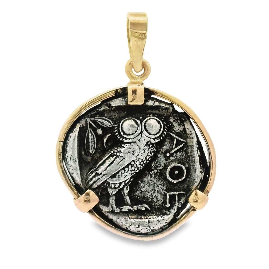 Ancient Greek Owl And Athena Coin 440-404 BC 14k Yellow Gold Bezel Pendant