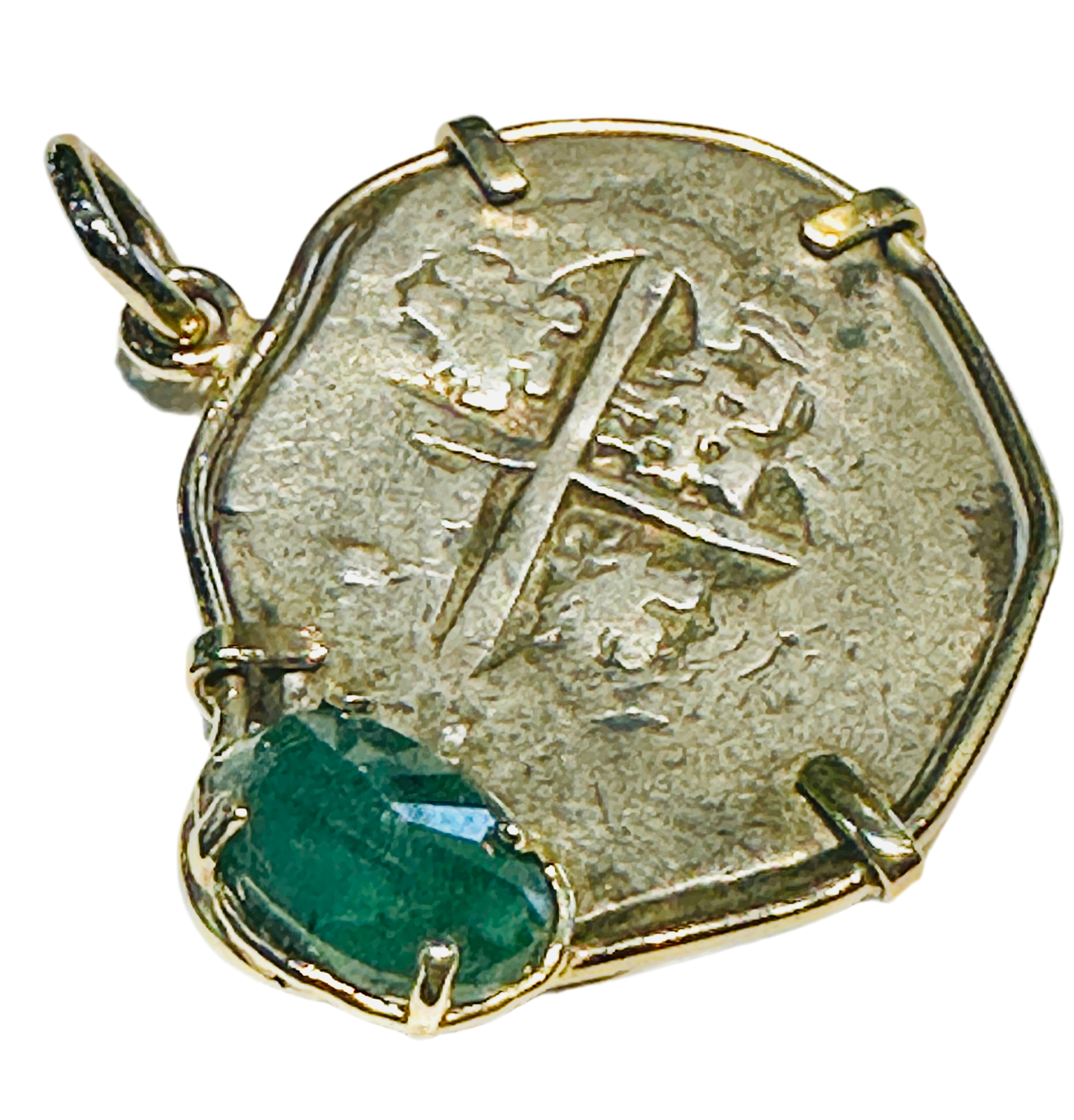 Spanish Old World 2 Reales Treasure Coin with Emerald 14k Gold Bezel 69460