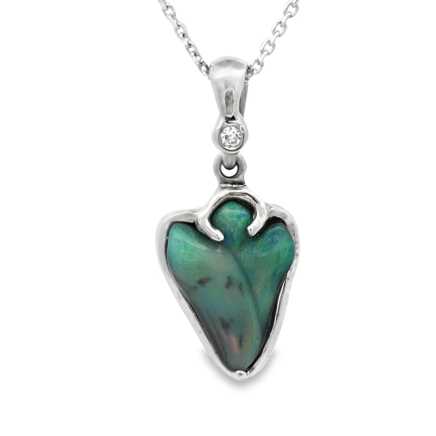 14k White Gold Opal With Diamond Necklace 18"