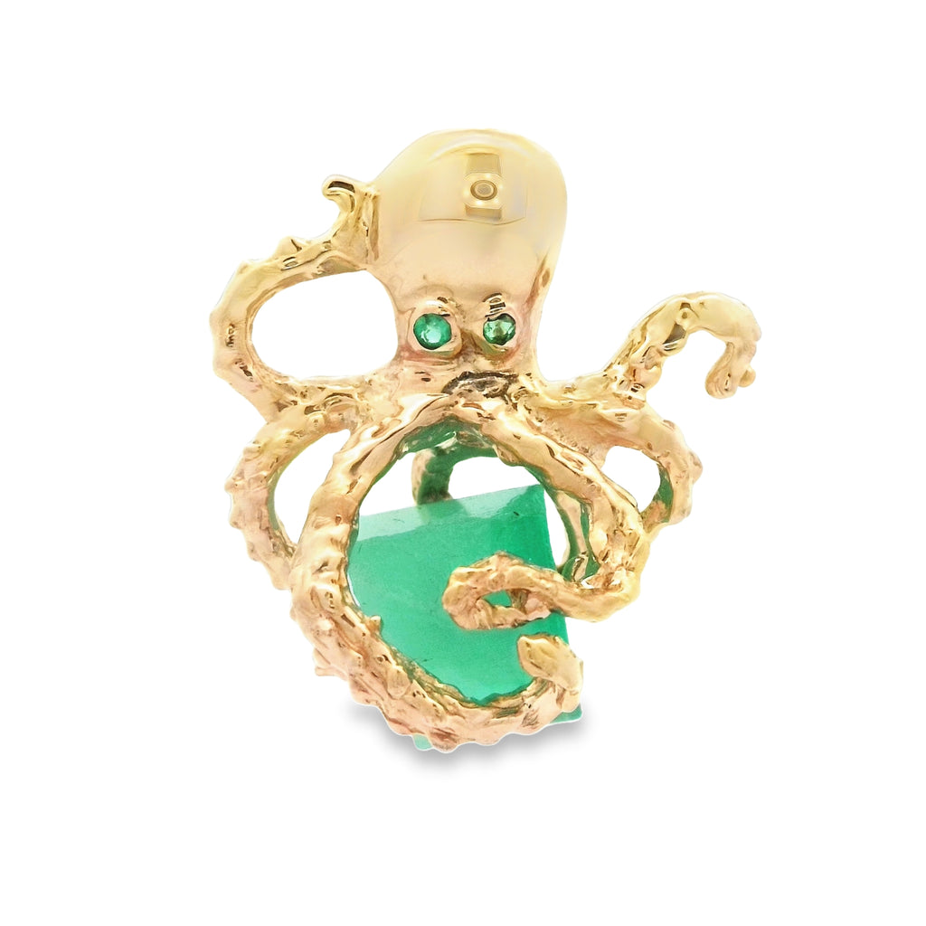 14k Yellow Gold Medium Octopus Holding Emerald Pendant