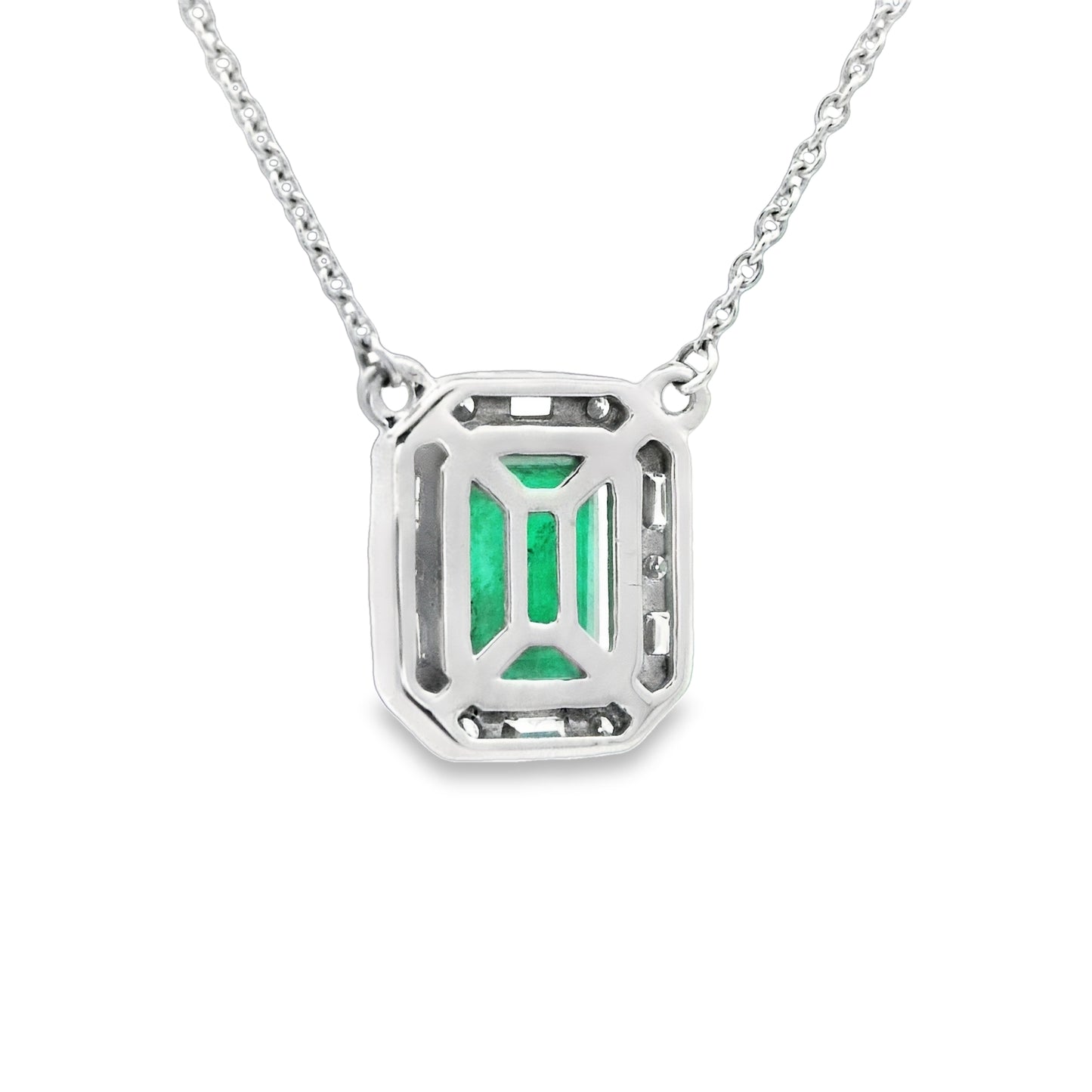 14k White Gold Emerald 1ct With Diamond .21cttw Halo Station Necklace 18" - DePaulas
