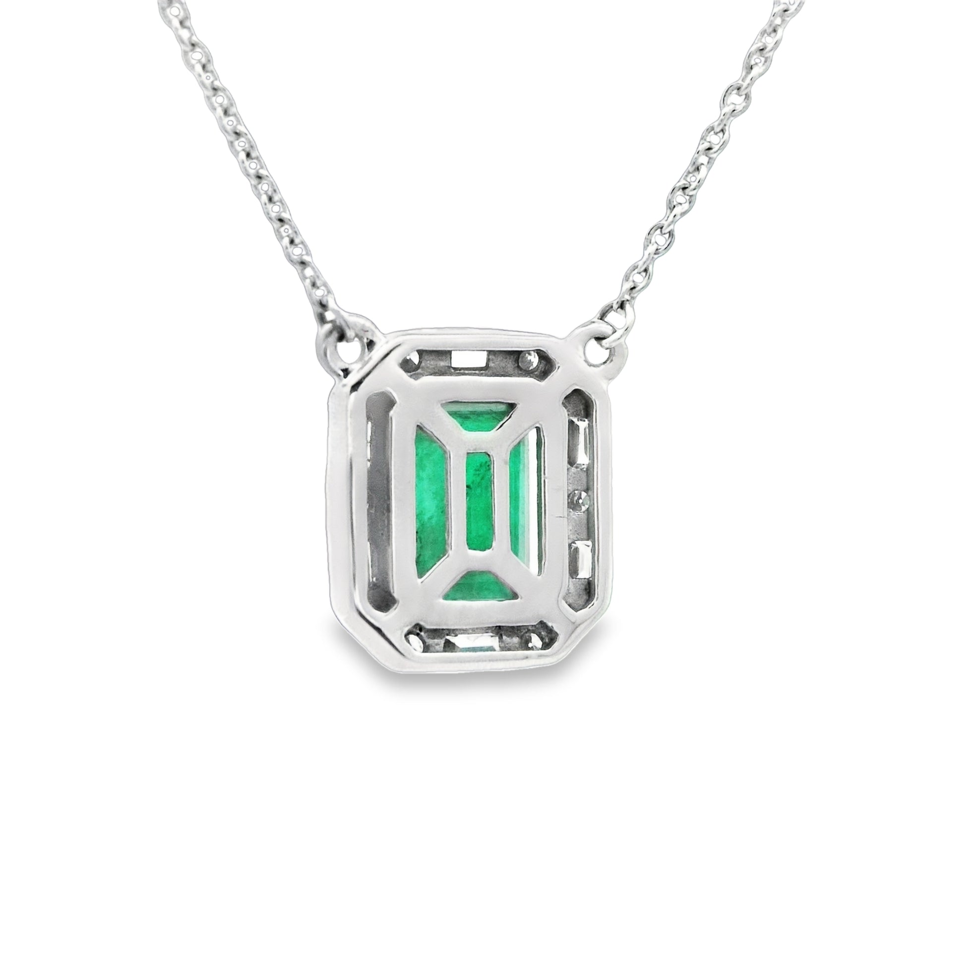 14k White Gold Emerald 1ct With Diamond .21cttw Halo Station Necklace 18" - DePaulas