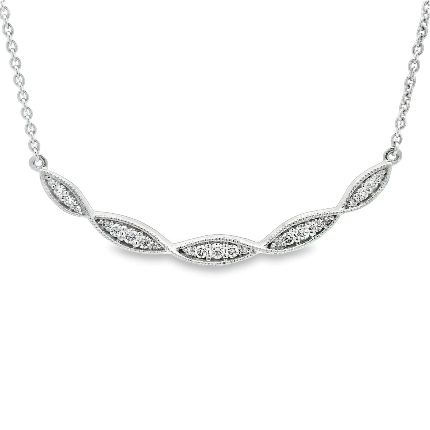 14k White Gold .25cttw Diamond Twisted Curved Bar Necklace16"