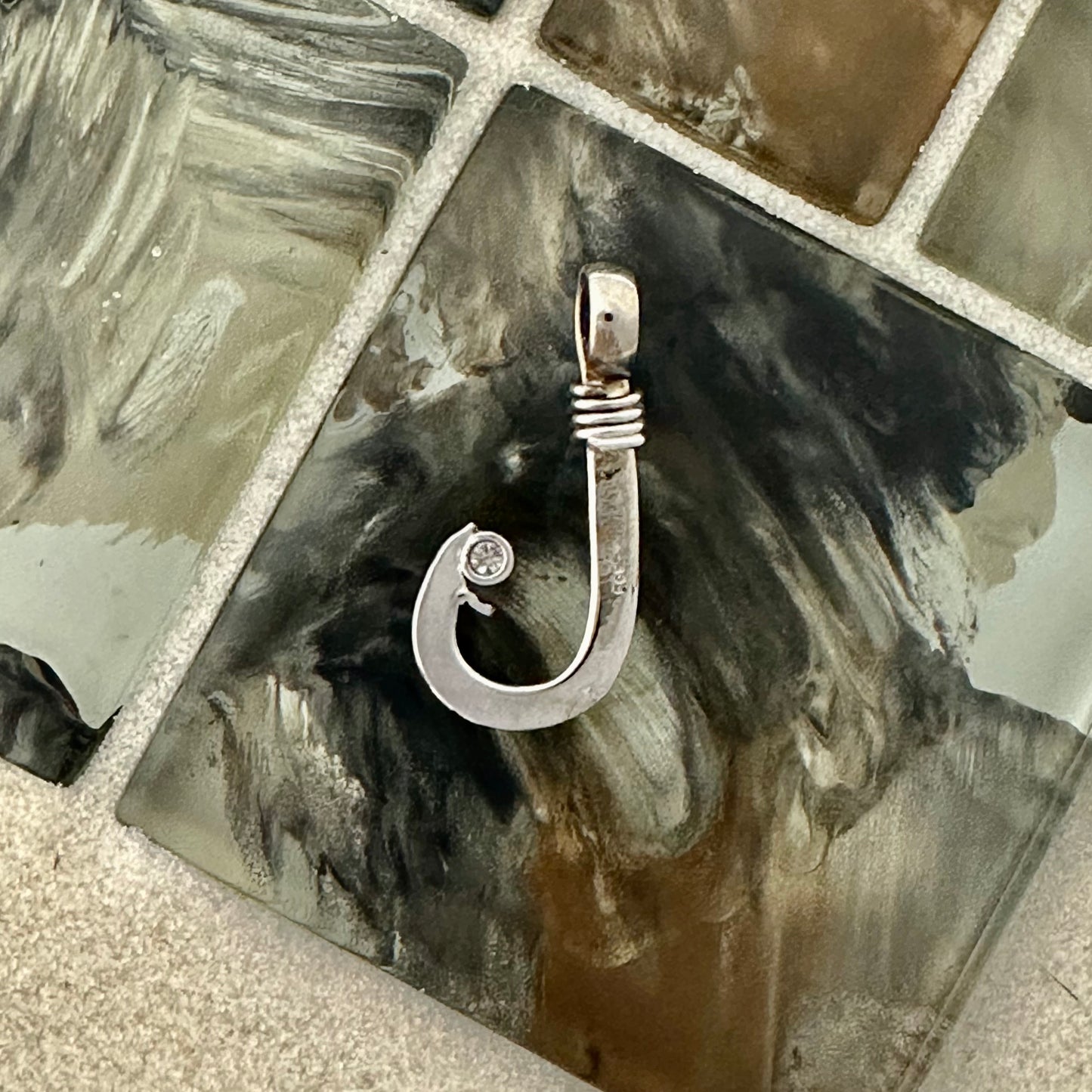 14k White Gold DePaula Hand Made Hook With Diamond .10ct Pendant