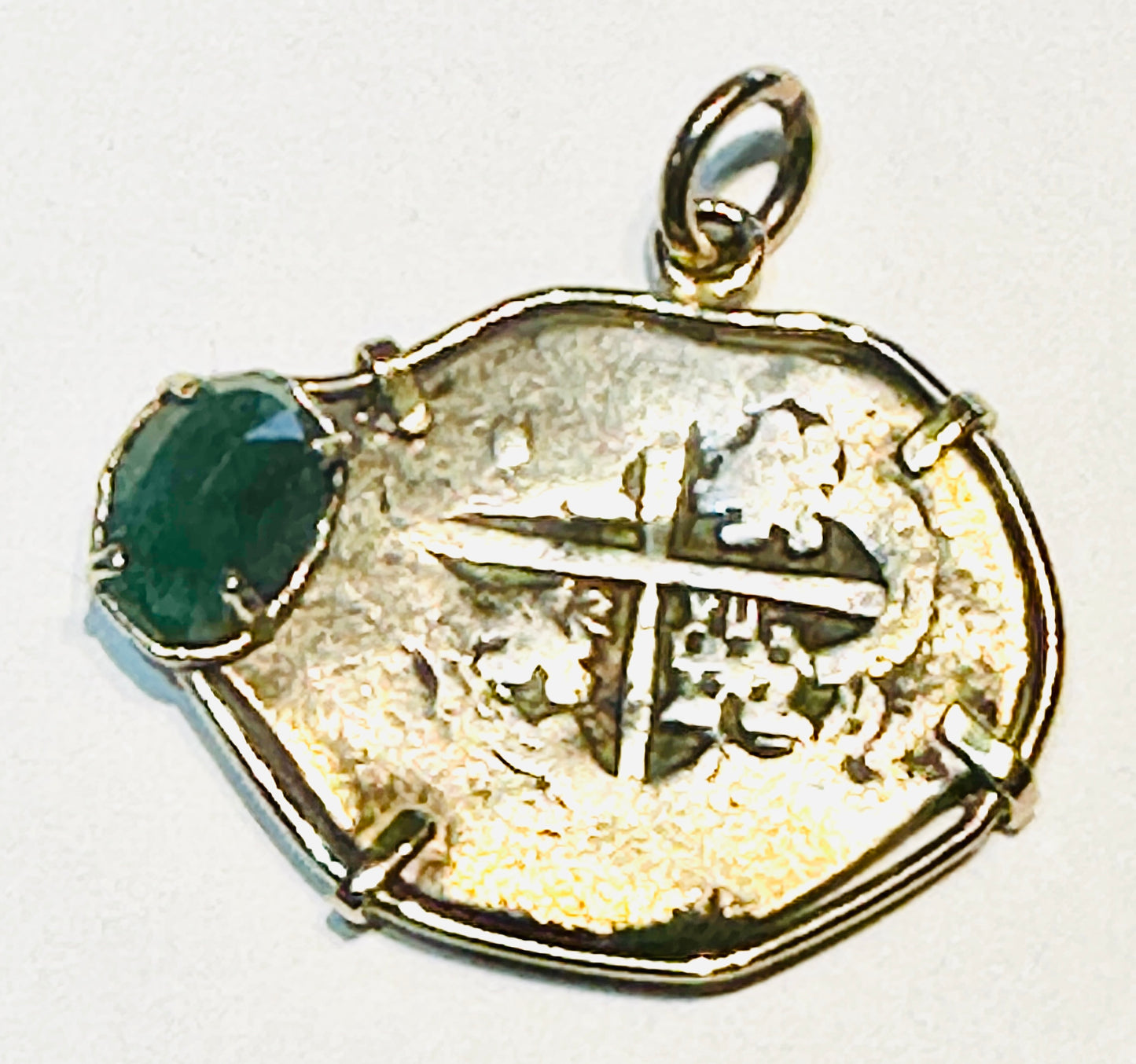 Spanish Old World 2 Reales Treasure Coin with Emerald 14k Gold Bezel 69460