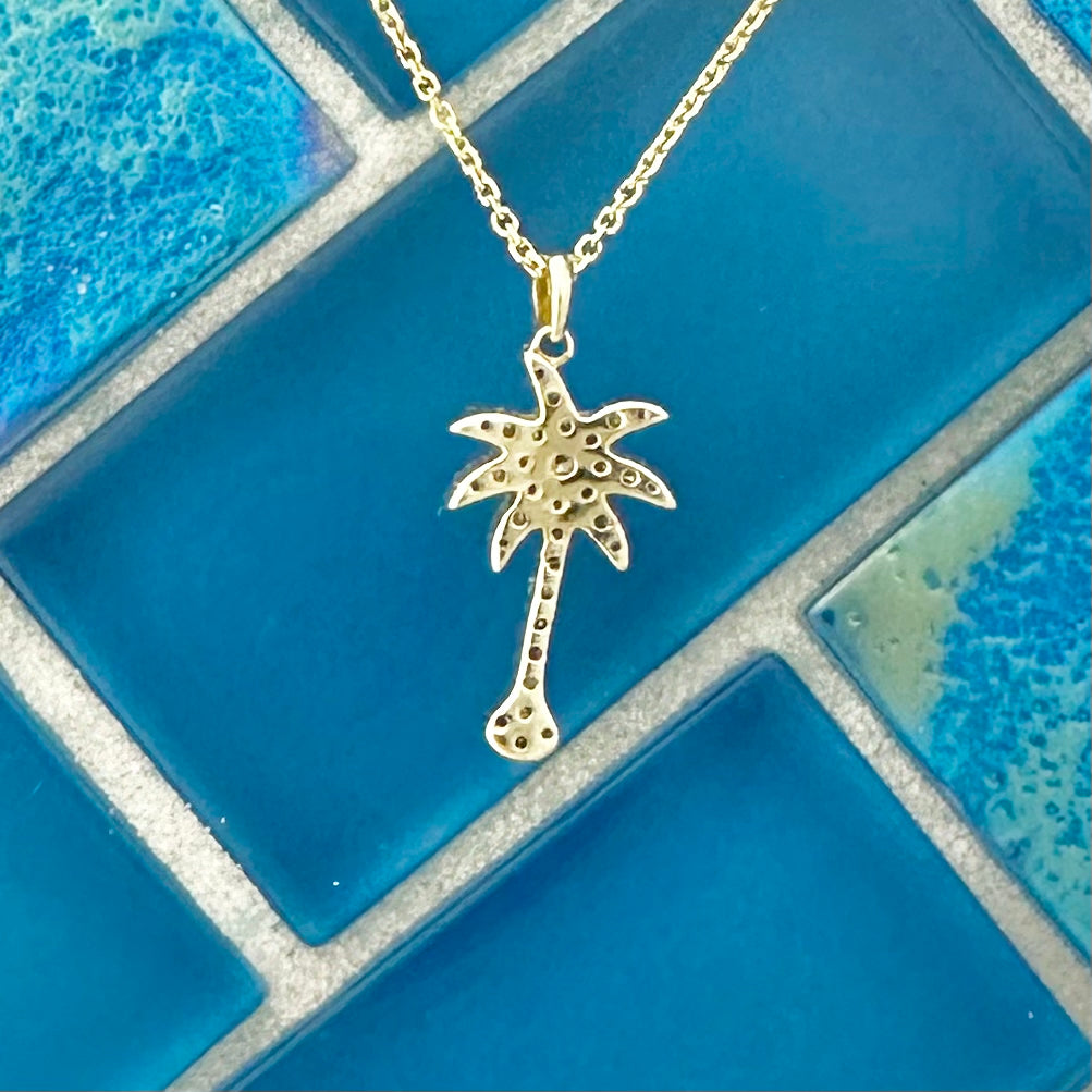 14k Yellow Gold Diamond .25cttw Small Palm Tree Necklace 16”