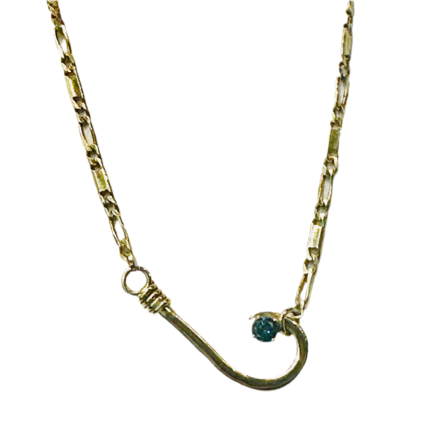 14k Yellow Gold Hook with Blue Diamond Pendant Necklace.