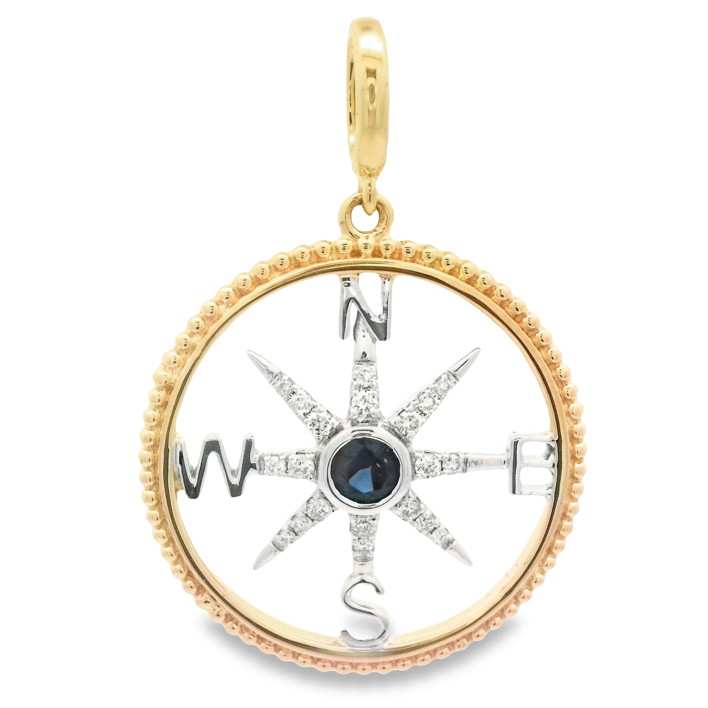 14k 2-Tone .11cttw Diamond And .19ct Sapphire Medium Compass Rose Pendant