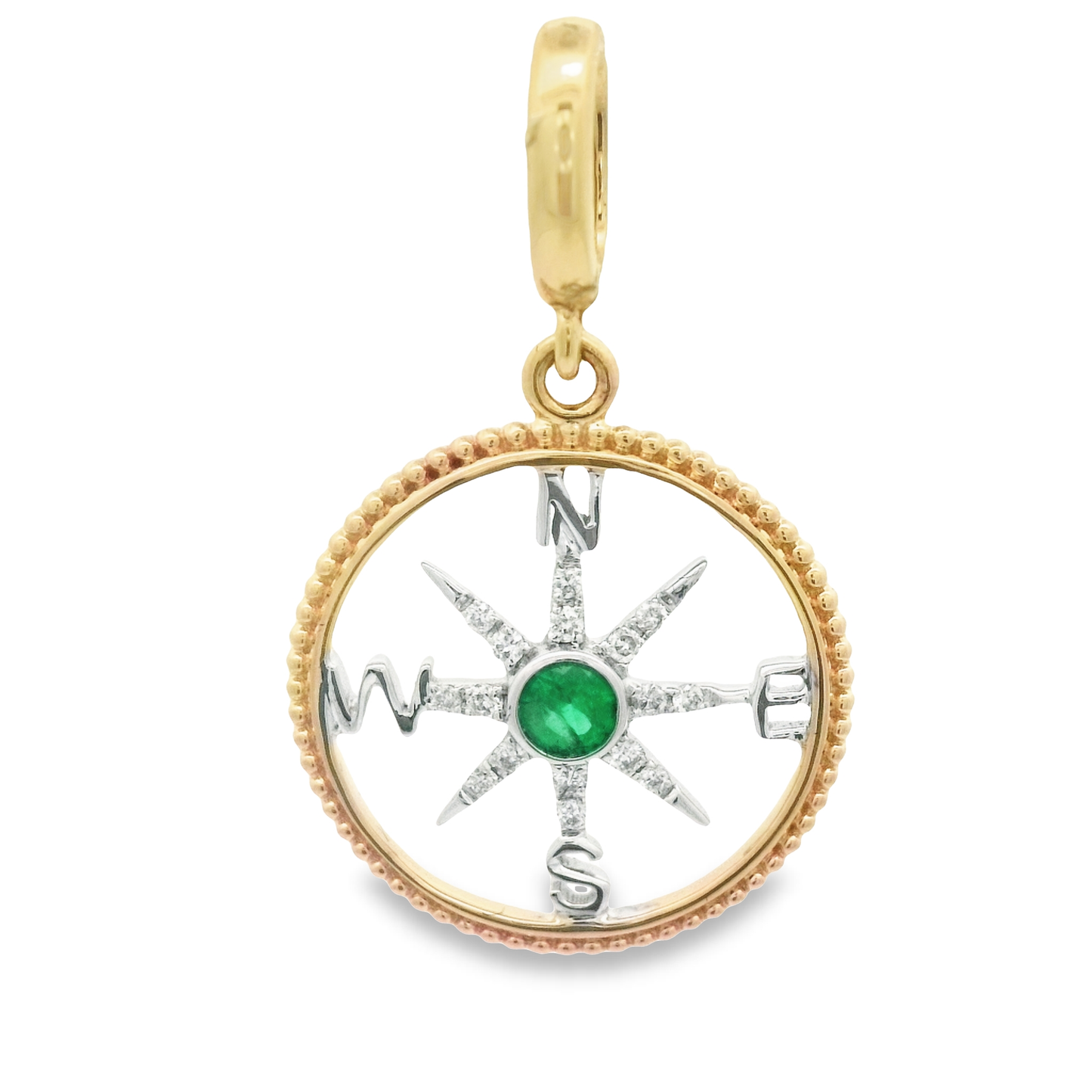 14k 2-Tone Gold .05cttw Diamond And .06ct Emerald Small Compass Rose Pendant