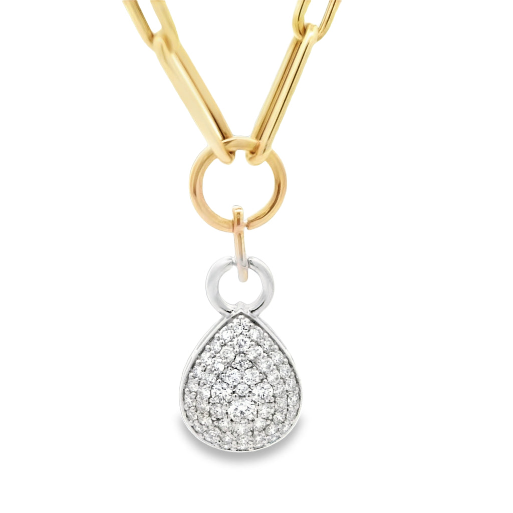 14k 2-Tone Gold Pave Diamond 1.26cttw Pear Shape Dangle Paper Clip Necklace 18"