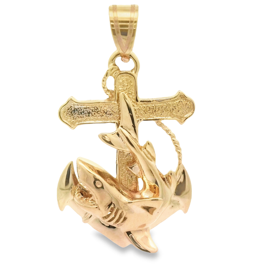 14k Yellow Gold Shark With Anchor Cross Pendant