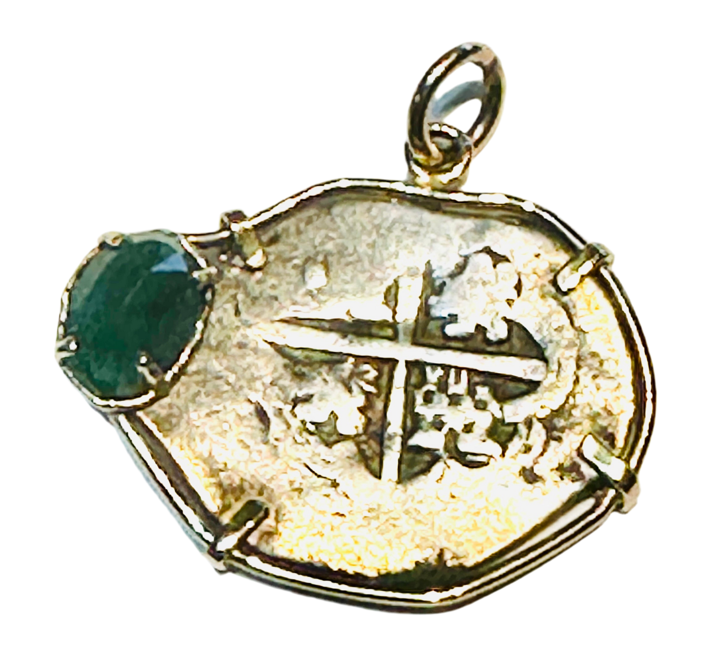 Spanish Old World 2 Reales Treasure Coin with Emerald 14k Gold Bezel 69460