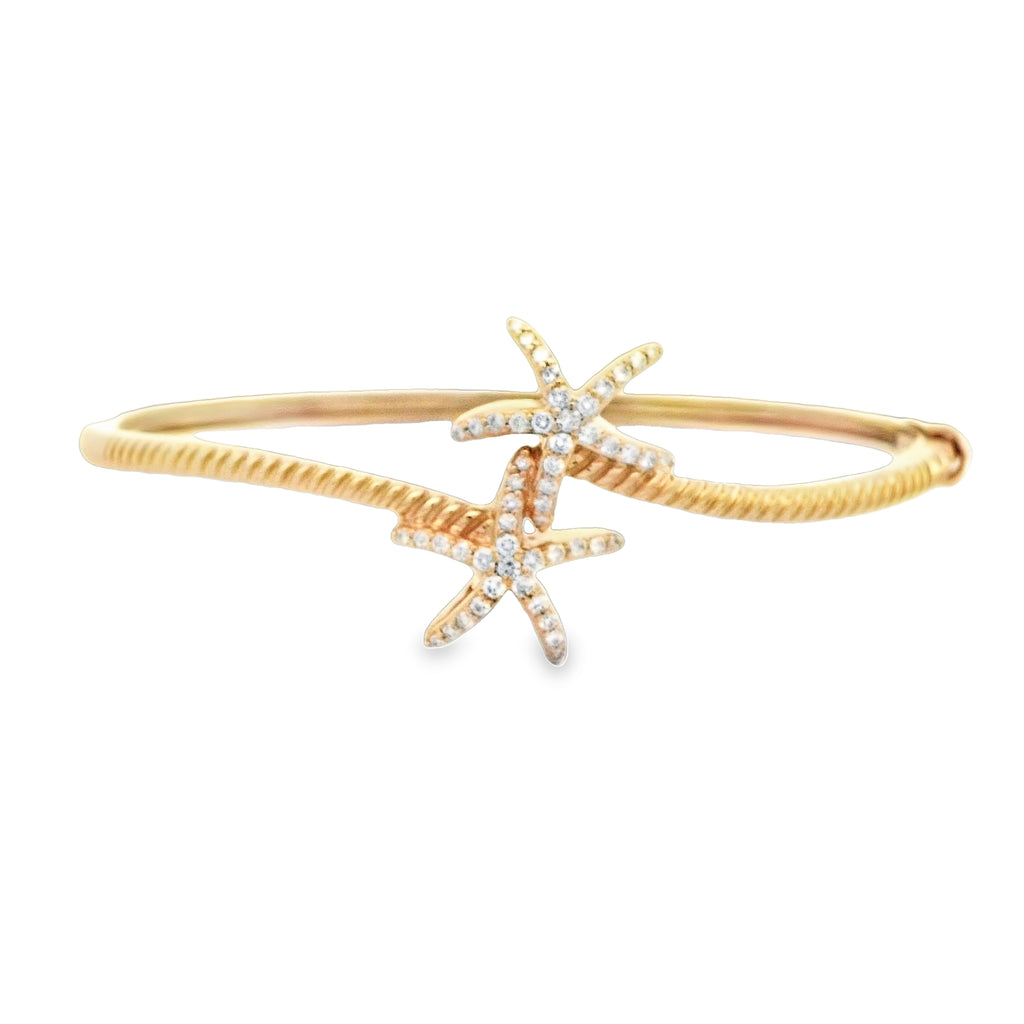 14k Yellow Gold Double Starfish .50cttw Diamond Starfish Bangle Bracelet 7"