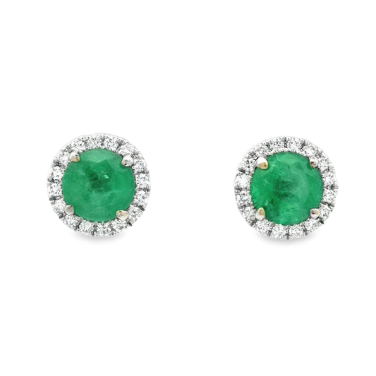 18k White Gold 2.59cttw Emerald With .28cttw Diamond Halo Post Earrings