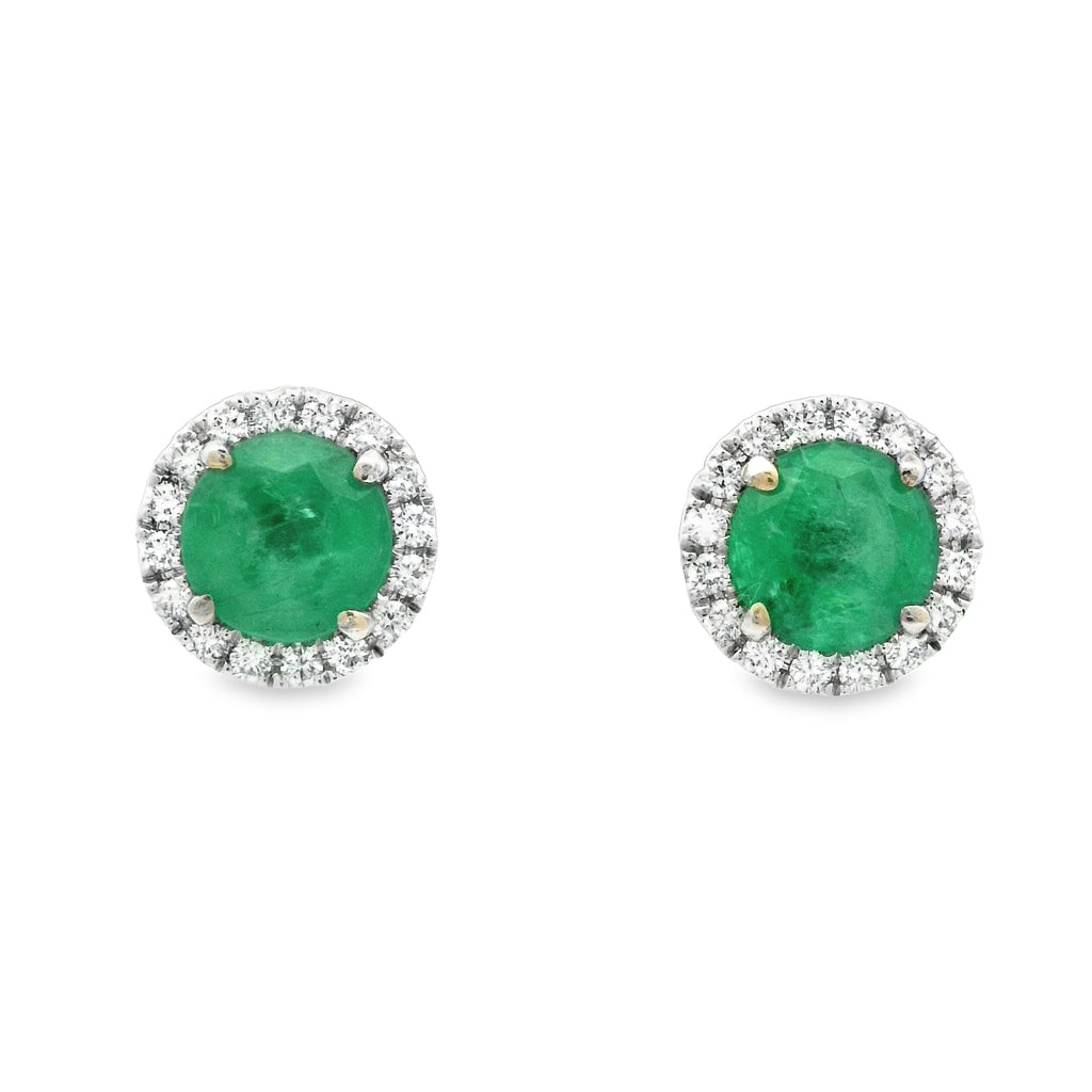 18k White Gold 2.15cttw Emerald With .28cttw Diamond Halo Post Earrings