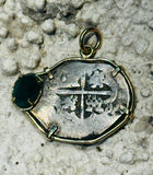 Spanish Old World 2 Reales Treasure Coin with Emerald 14k Gold Bezel 69460