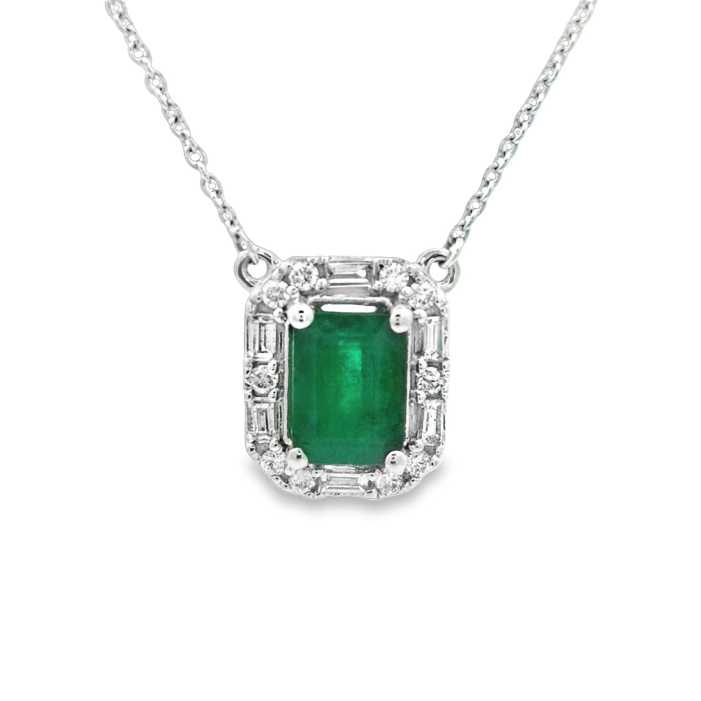 14k White Gold Emerald 1ct With Diamond .21cttw Halo Station Necklace 18" - DePaulas