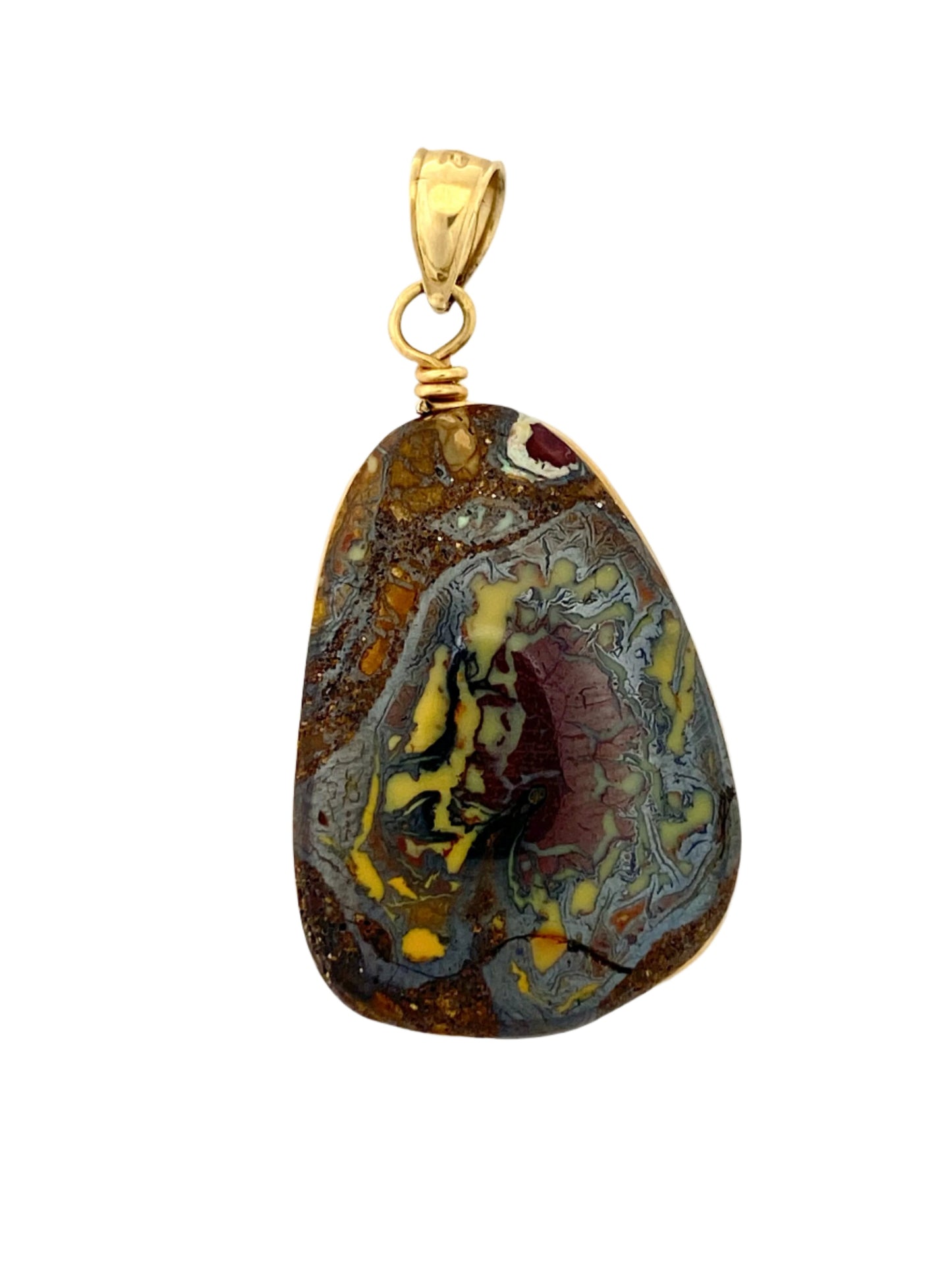 14k gold handmade custom bezel boulder opal pendant