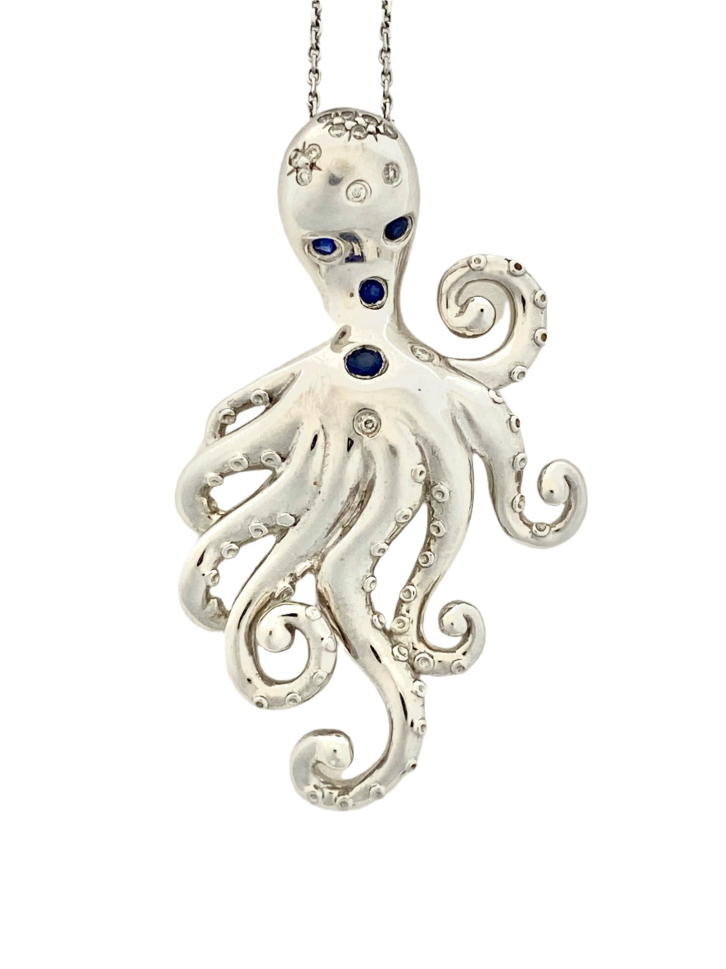 14k White Gold Diamond Sapphire Octopus Pendant Necklace