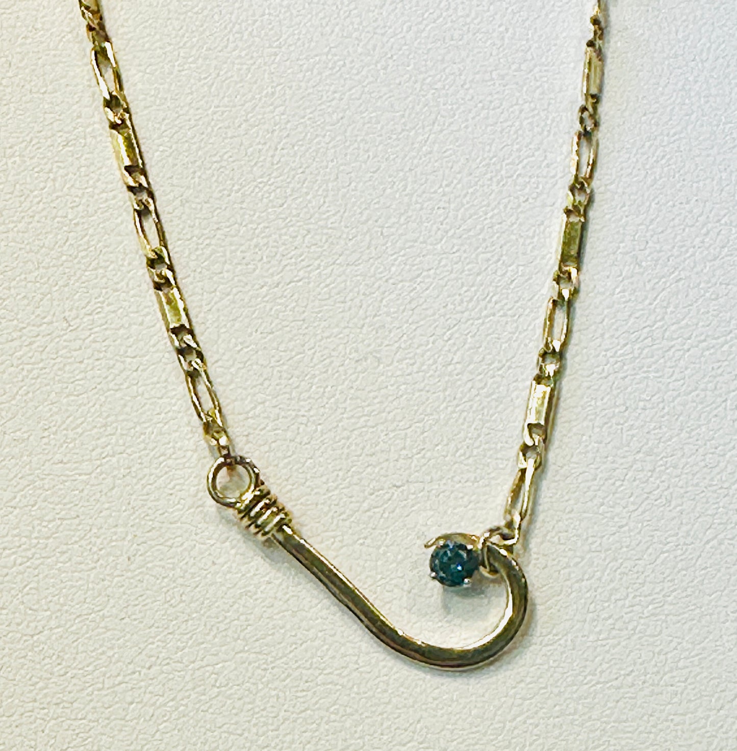 14k Yellow Gold Hook with Blue Diamond Pendant Necklace.