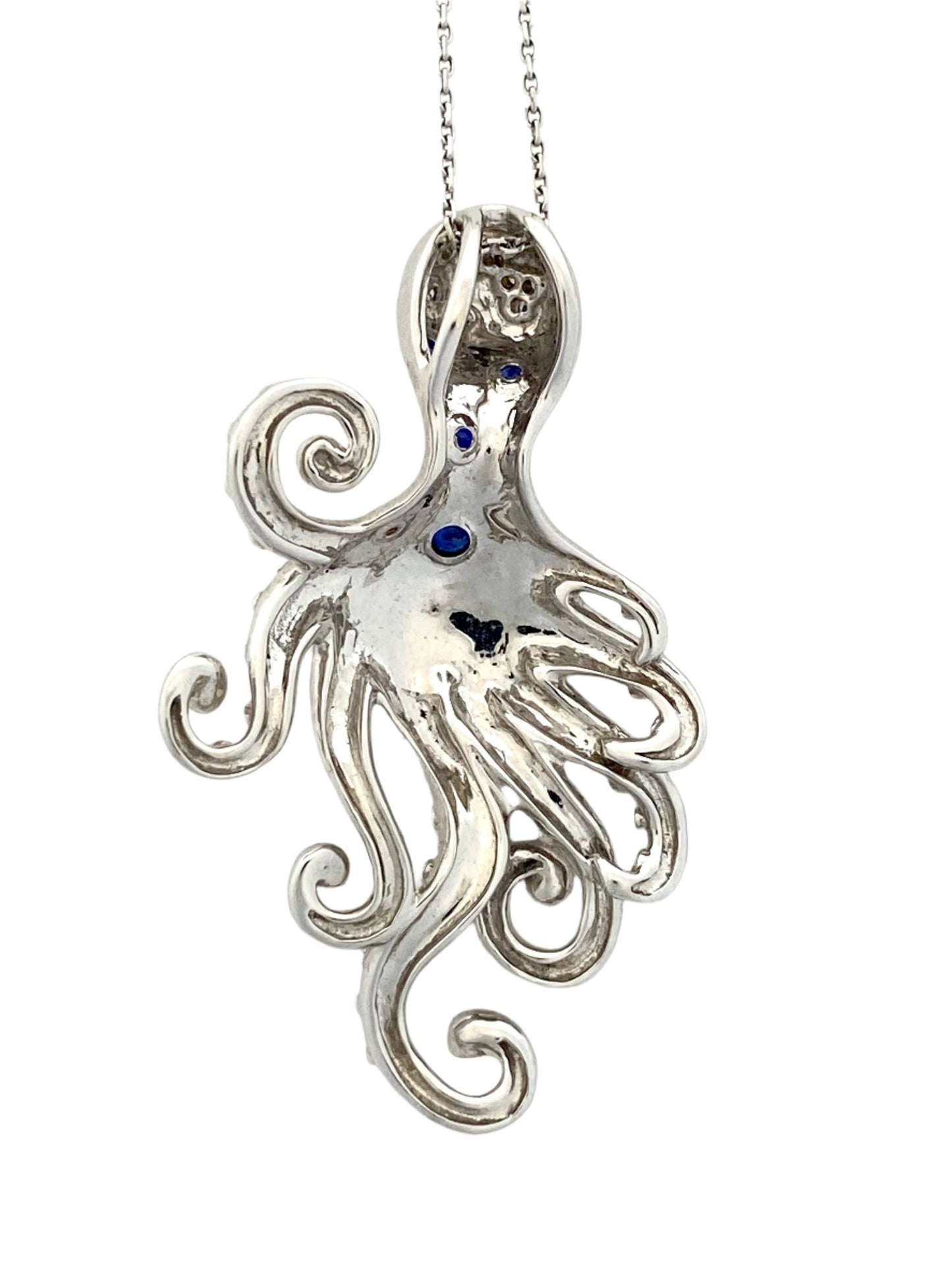 14k White Gold Diamond Sapphire Octopus Pendant Necklace