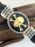 14k gold & Sterling Silver Leather Pirate Skull Bracelet