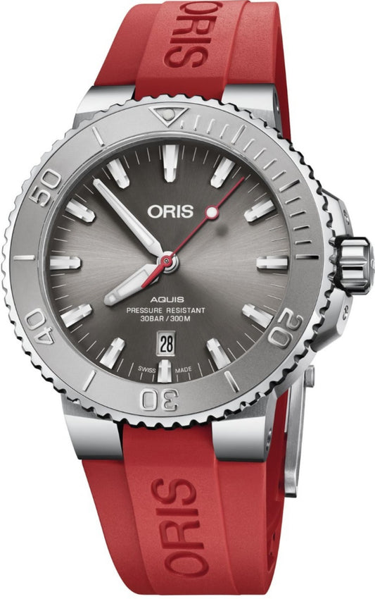 ORIS AQUIS DATE RELIEF DIVE WATCH GREY DIAL RED STRAP 01 733 7789 4153-07 4 23 36FC