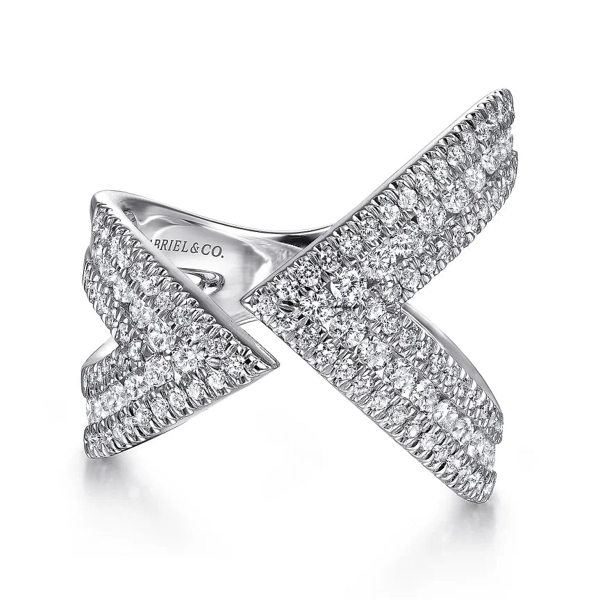 14K White Gold Abstract Diamond 1.11cttw Pave Bypass Open Ring Size 6.5