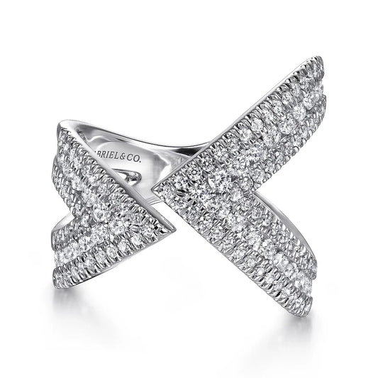 14K White Gold Abstract Diamond 1.11cttw Pave Bypass Open Ring Size 6.5